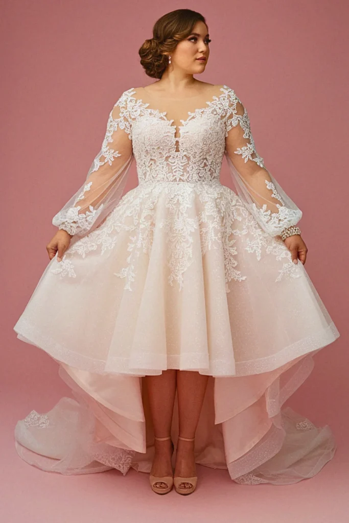 Plus Size AppliqueÌ Illusion Sleeve Wedding Dress
