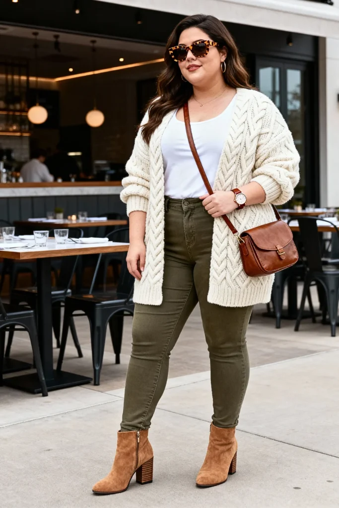 Plus Size Cream Cardigan and Olive Jeans Outfit