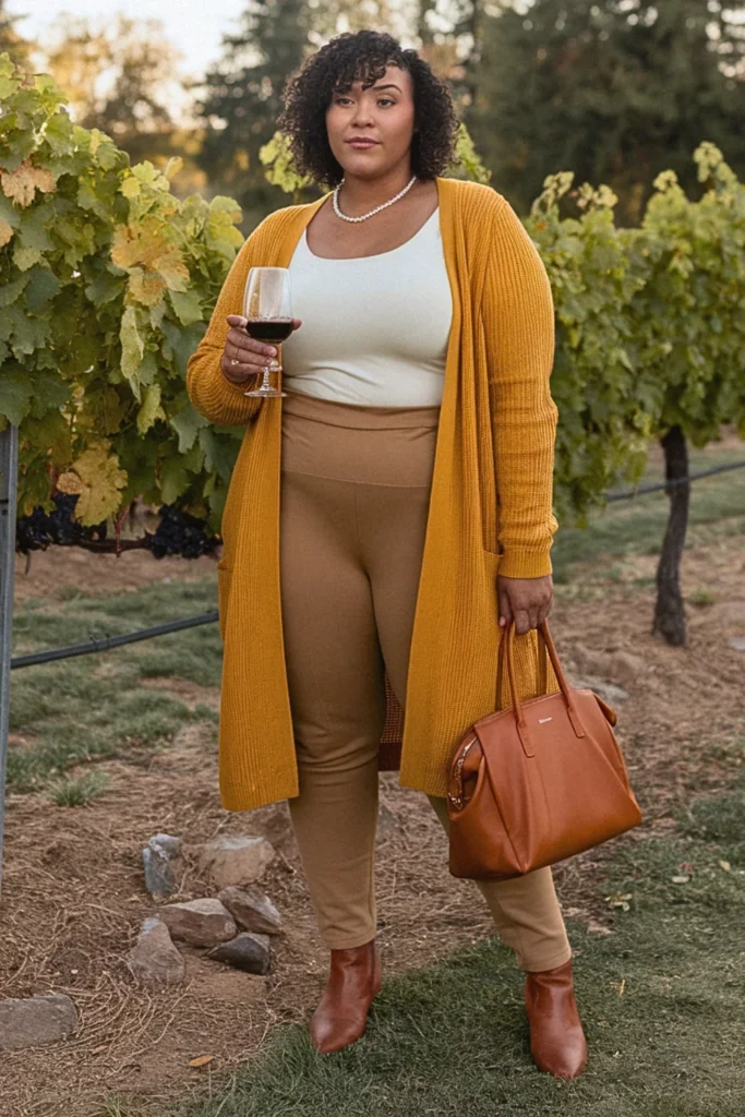 Plus Size Fall Mustard Cardigan Neutral Winery Outfit