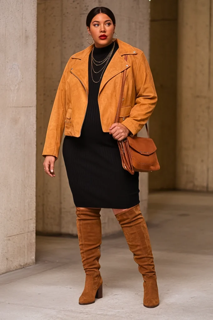 Plus Size Suede Jacket Midi Dress Fall Outfit