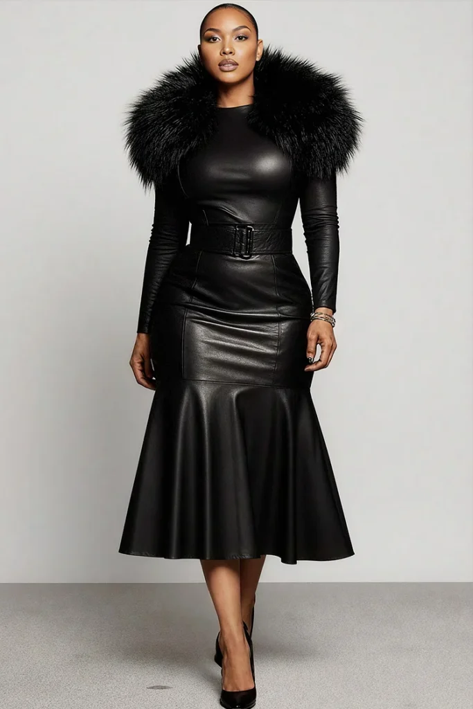 Plus Size Party Black Round Neck Long Sleeve Feather Elegant Bodycon PU Leather Midi Dress