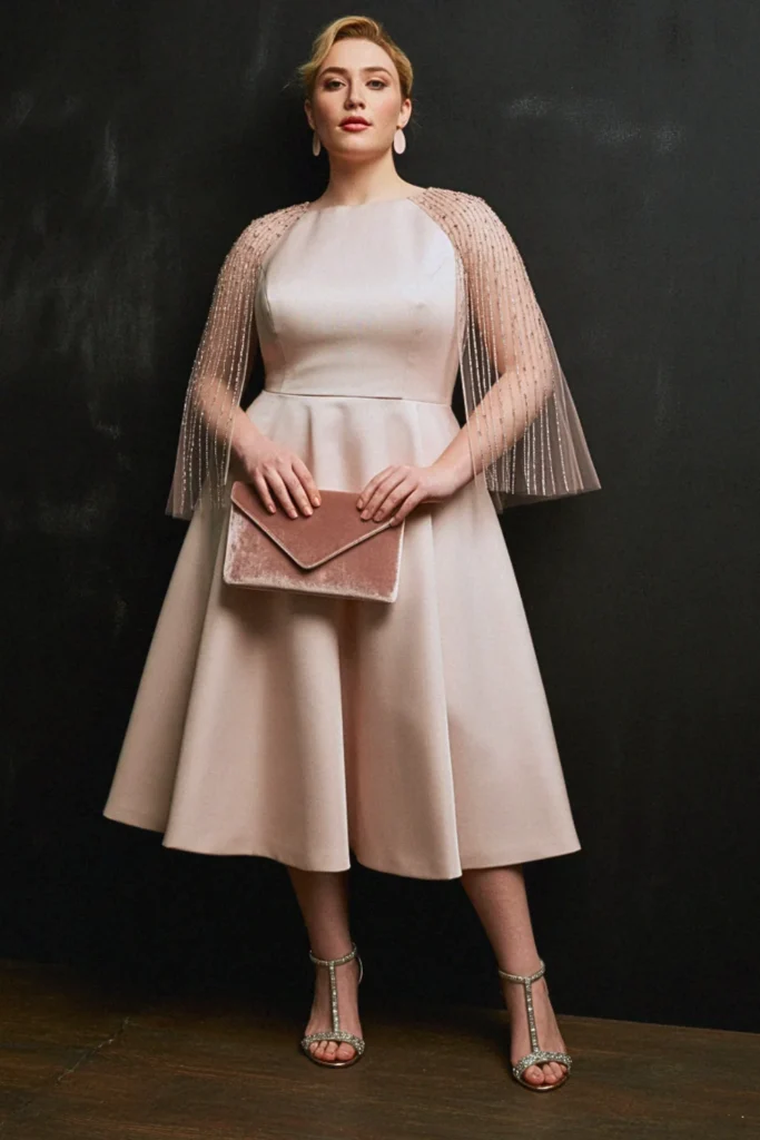 Plus Size Embellished Cape-Sleeve Tea Length Wedding Guest Dress