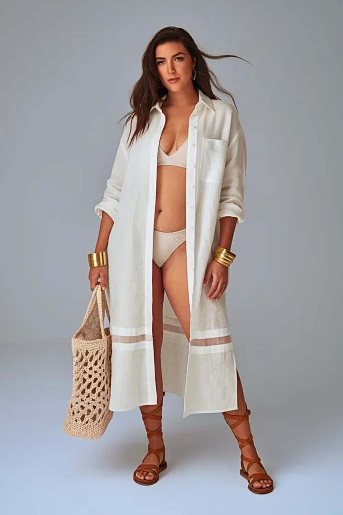 Spring Summer Sheer Linen Shirt Dress Outfit