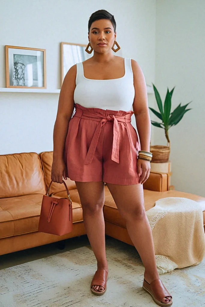 Plus Size Comfy Paperbag Waist Shorts Summer Outfit