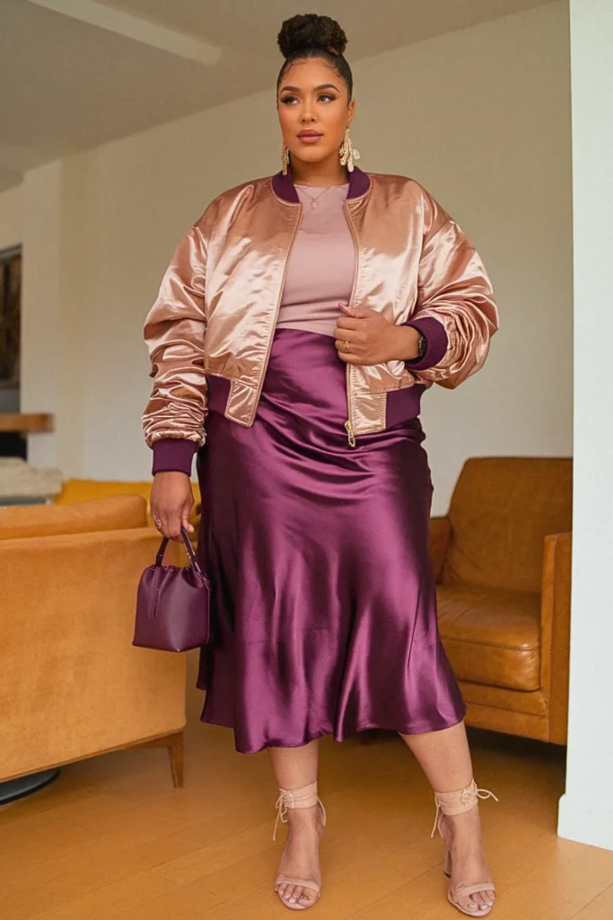 Plus Size Bomber Jacket and Slip Skirt Fall Outfit