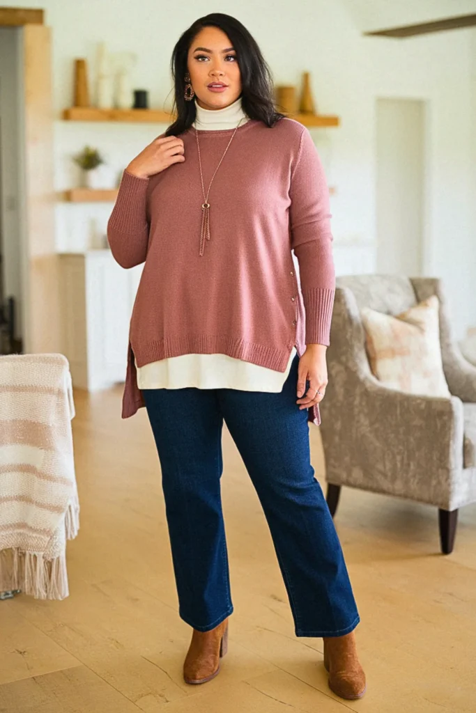 Plus Size Fall Tunic Sweater With Straight Leg Jeans Comfy Outfit