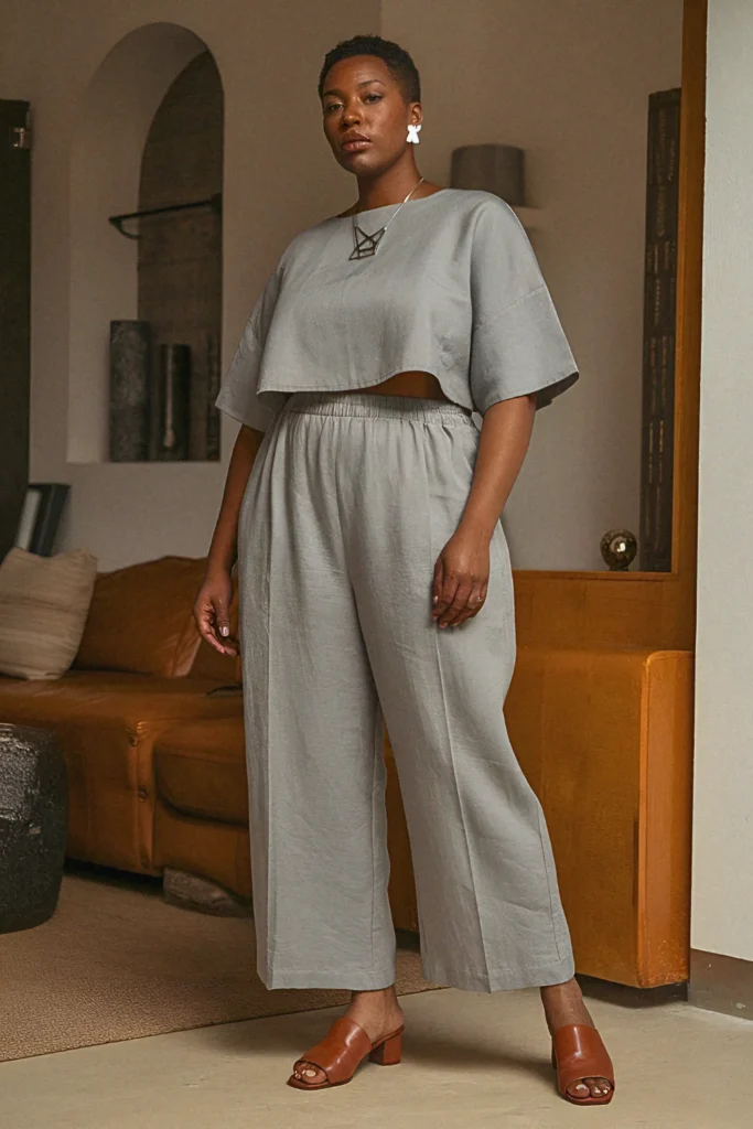 Plus Size Summer Elastic-Waist Linen Trousers and Boxy Crop Top Mom Outfit
