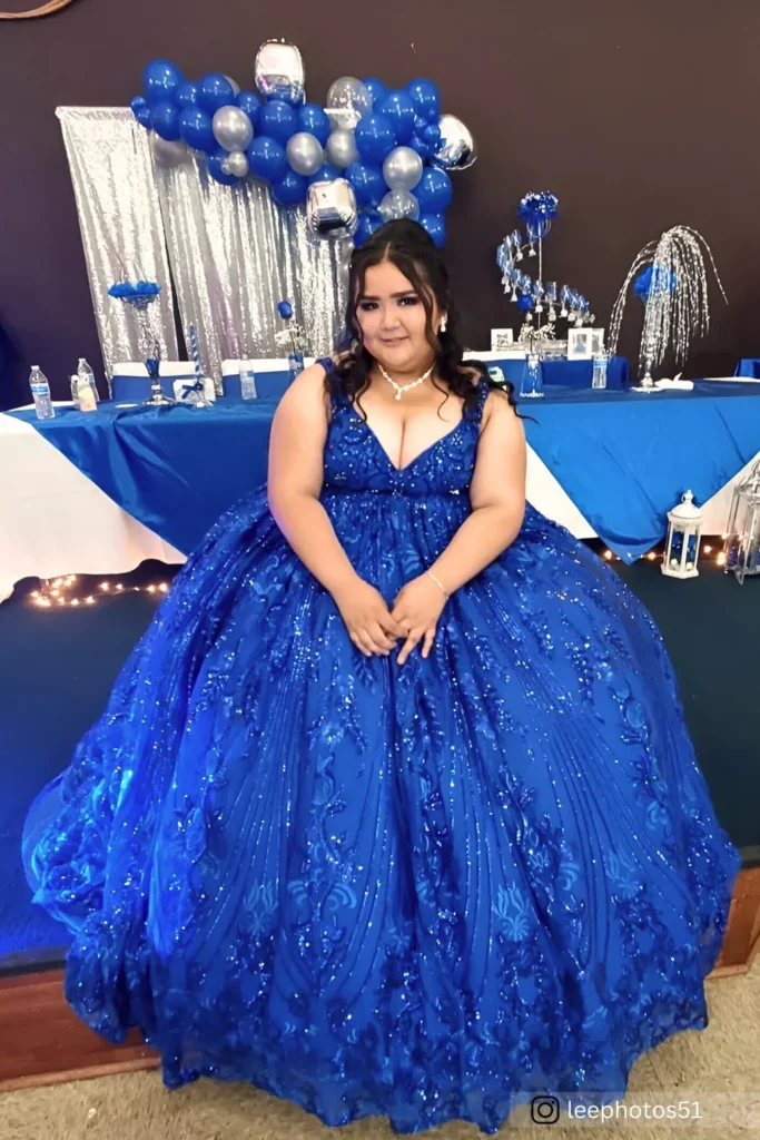 Plus Size Sapphire Soiree Blue Floral Prom Dress