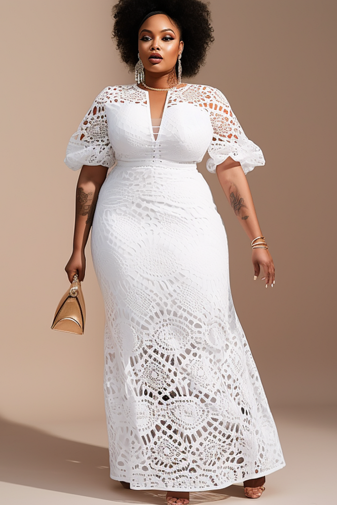Plus Size Elegant White Round Neck Puff Sleeve Short Sleeve Hollow Lace Maxi Dress
