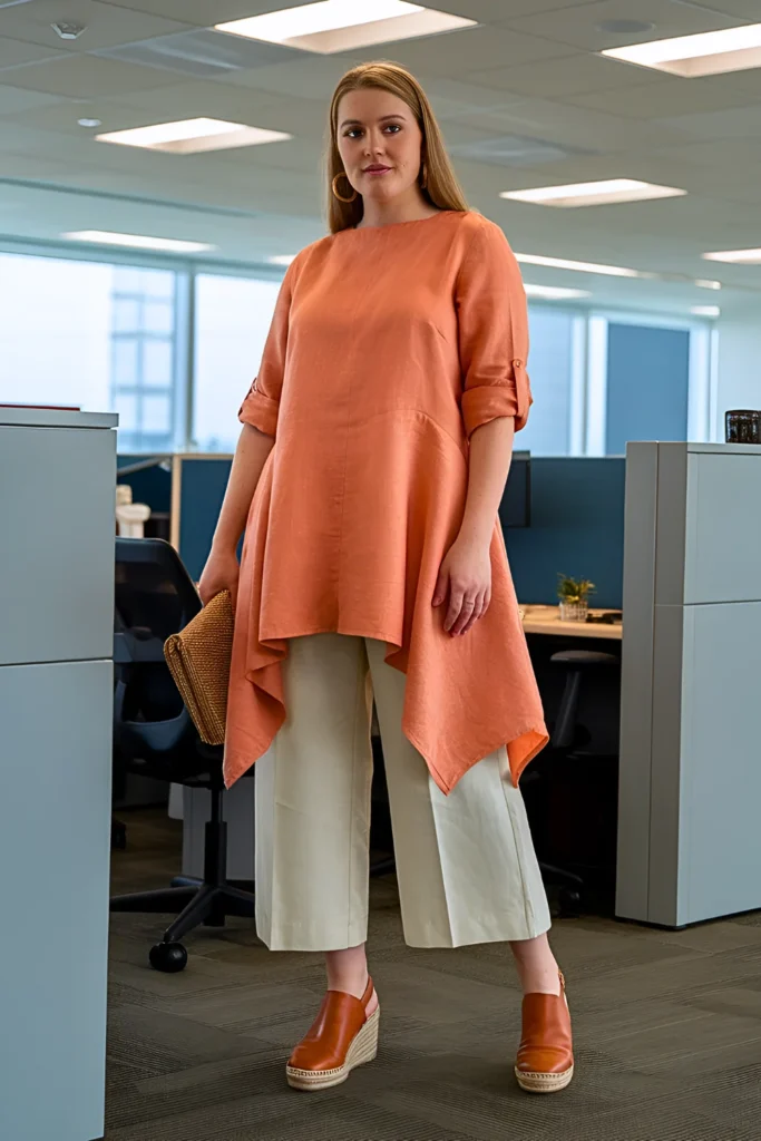 Plus Size Summer Asymmetrical Linen Tunic and Cropped Wide-Leg Trousers Business Casual Outfit