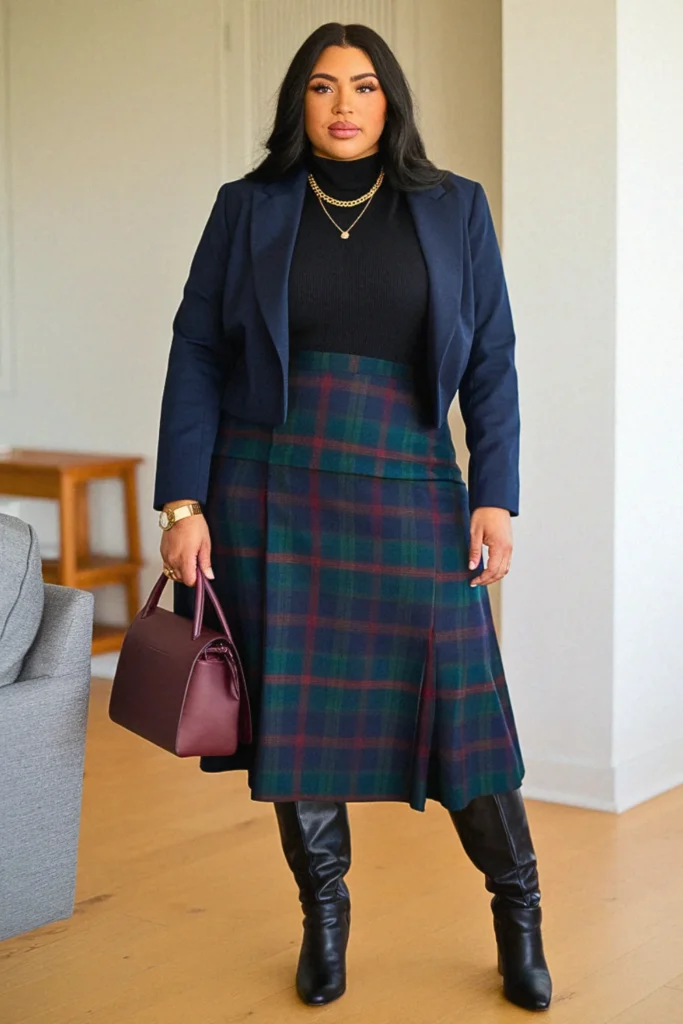 Plus Size Tartan Midi Fall Skirt Outfit