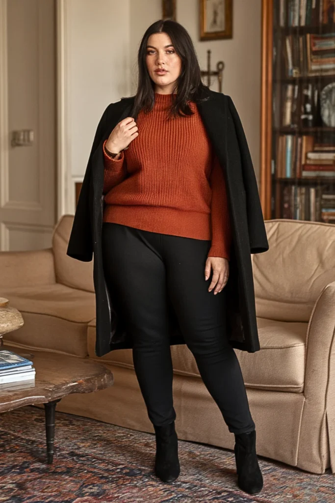 Plus Size Rust Orange Sweater with Black Ponte Pants Winter Outfit