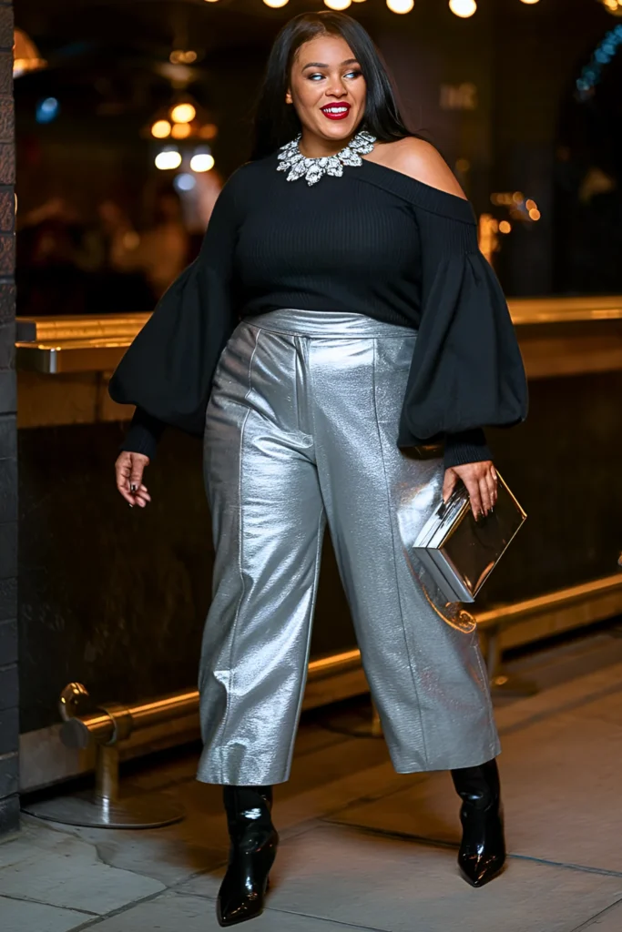 Silver Metallic High-Waist Pants with Off-Shoulder Sweater
