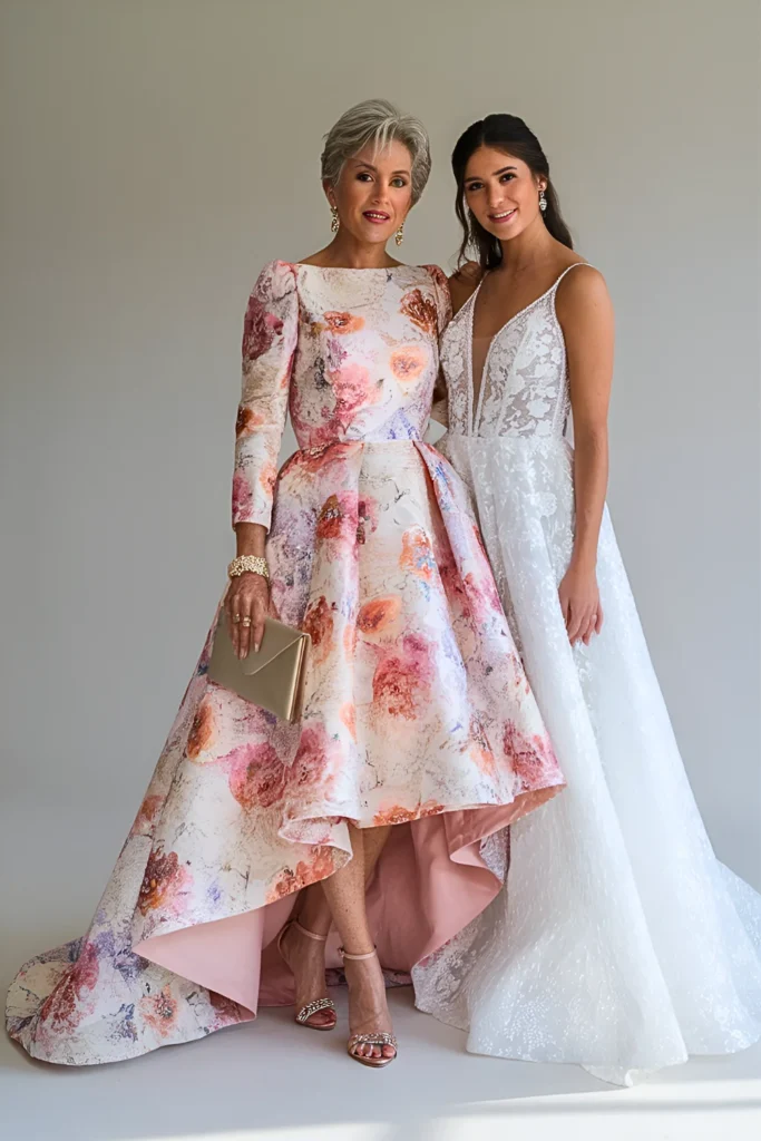 Unique Floral Jacquard High-Low Mother of the Bride Dress