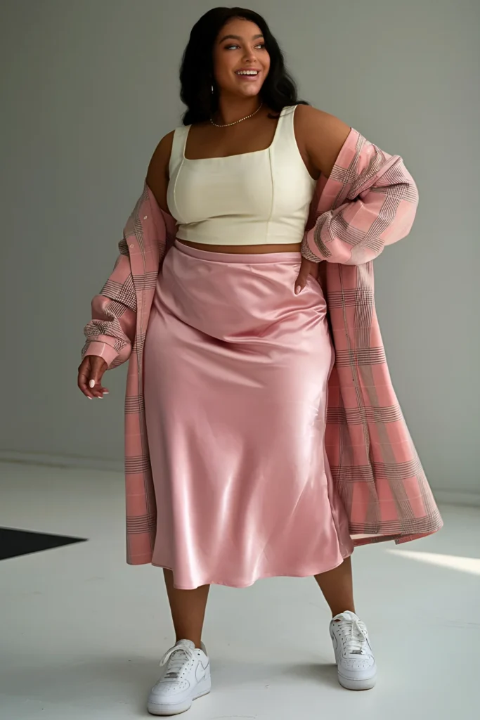 Plus Size Valentine's Pink Satin Midi Skirt and White Crop Top Outfit