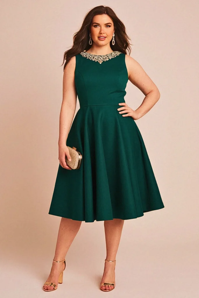 Plus Size Embellished Neckline Fit-and-Flare Wedding Guest Dress