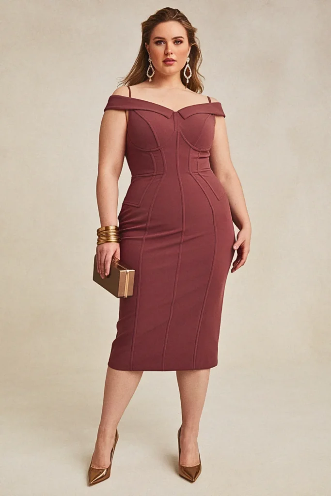 Mulberry Bardot Neckline Plus Size Wedding Guest Cocktail Dress