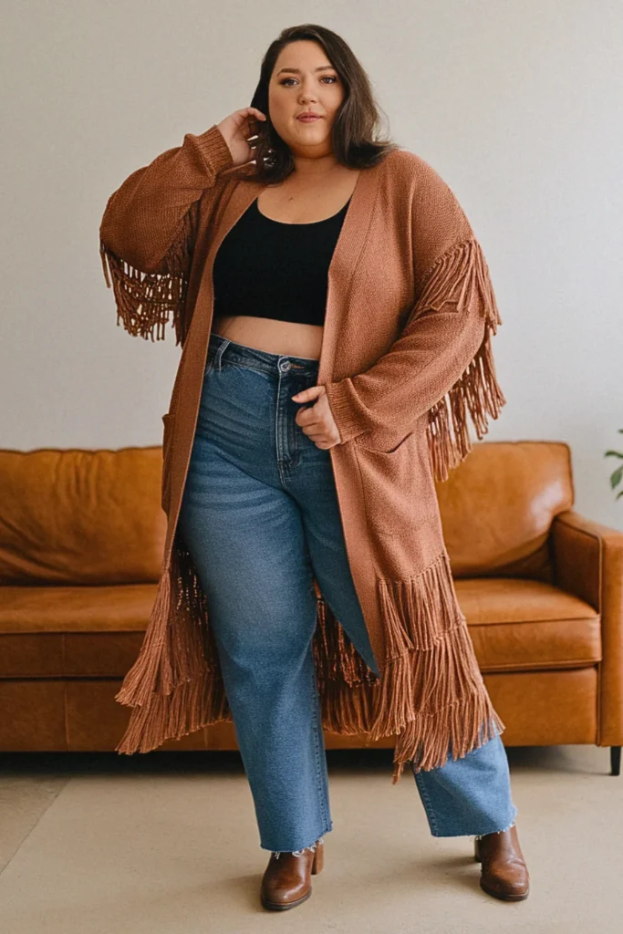 Plus Size Fringed Cardigan and Straight-Leg Jeans Fall Outfit