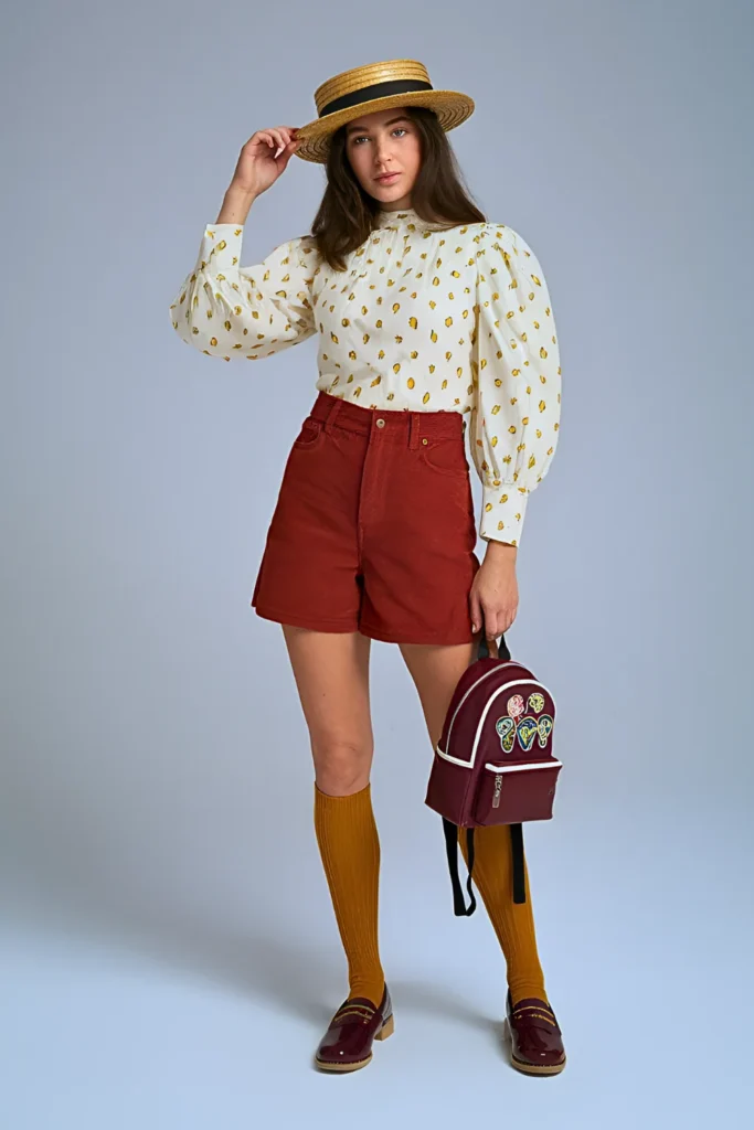 Spring Corduroy Shorts & Puff-Sleeve Blouse Outfit