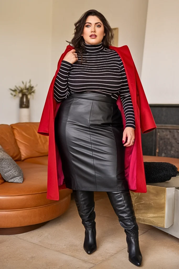 Plus Size Striped Turtleneck with Leather Skirt and Tall Boots Winter Outfit