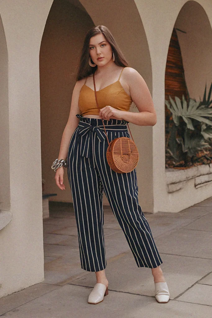 Plus Size Aesthetic Bold Striped Paperbag Pants Summer Outfit