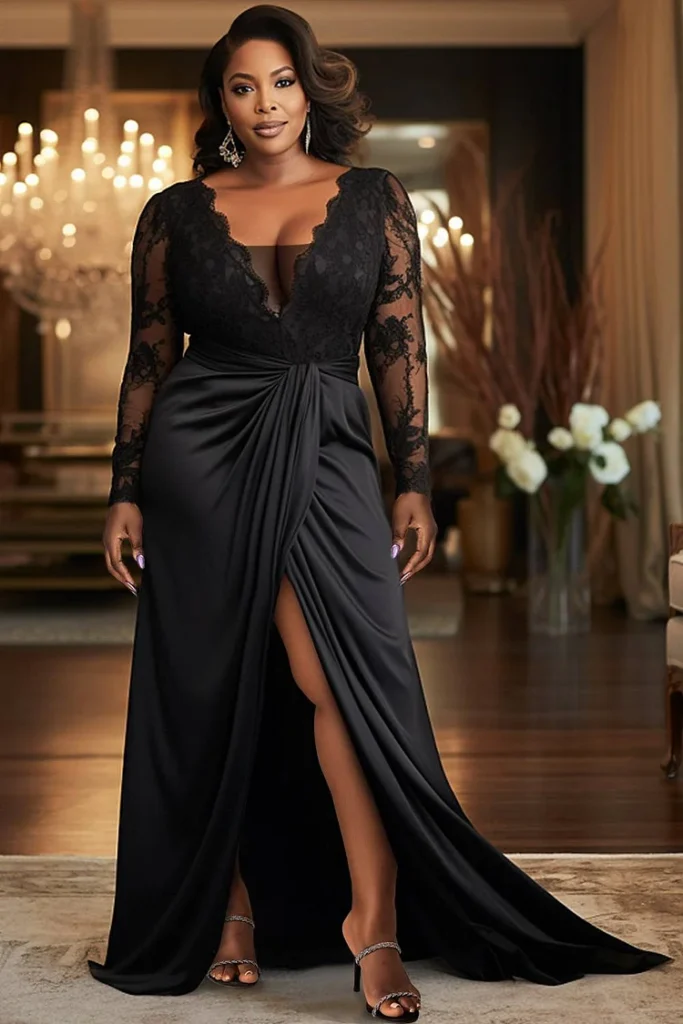 Plus Size Formal Satin Black V Neck Long Sleeve Split See Through Lace Maxi Dress