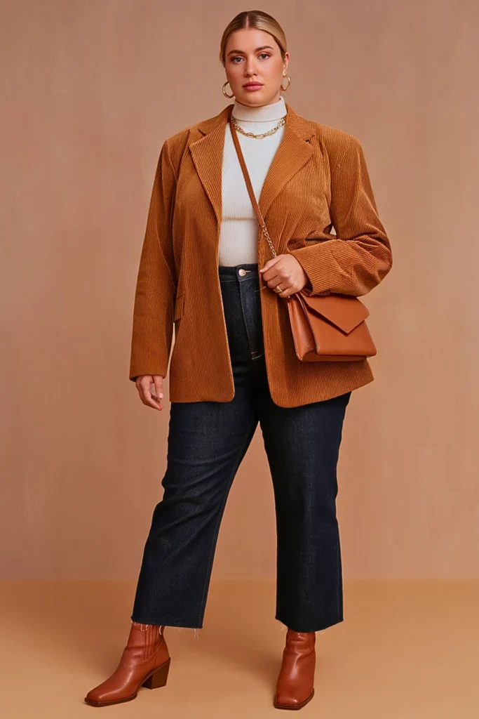 Plus Size Corduroy Blazer and Straight Leg Jeans Autumn Outfit