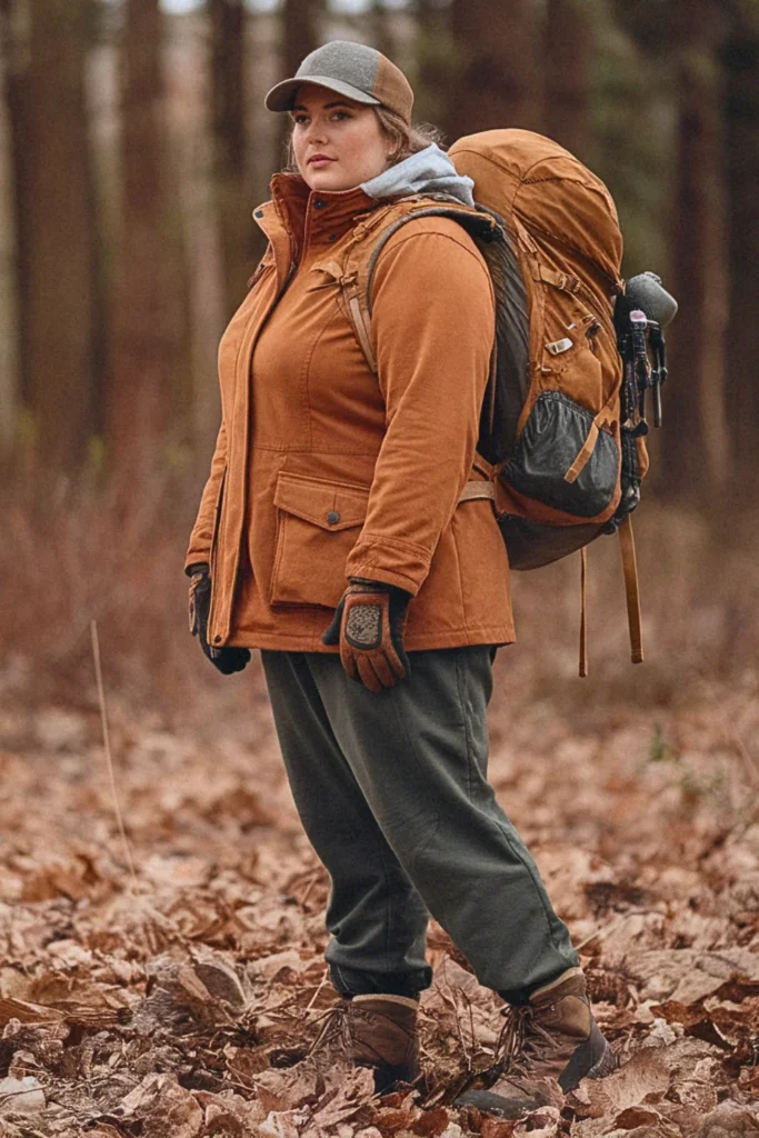 Plus Size Fall Barn Jacket with Fleece Lined Pants Hiking Outfit