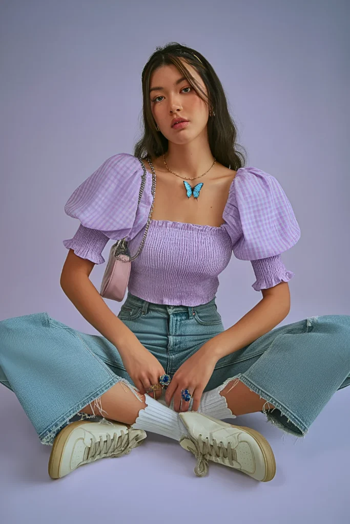 Spring Gingham Puff-Sleeve Blouse School Outfit