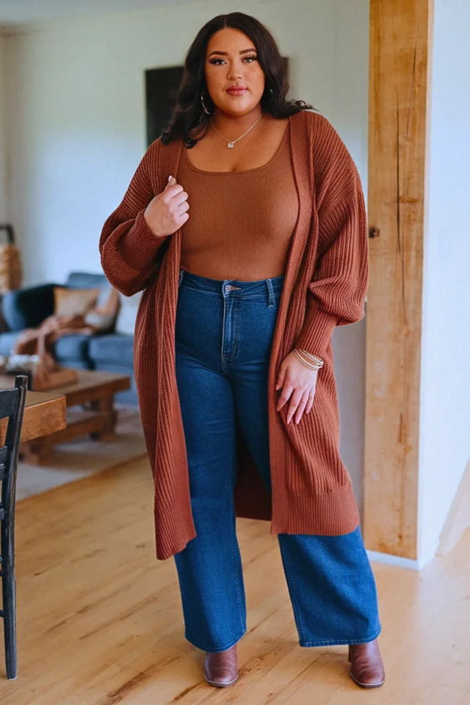 Plus Size Cardigan Set and Straight-Leg Jeans Fall Outfit