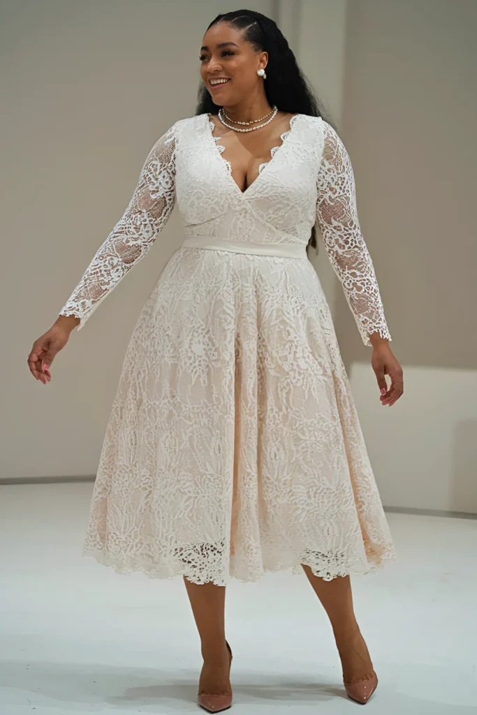 Plus Size Valentine's White Lace Dress with Nude Heels Outfit