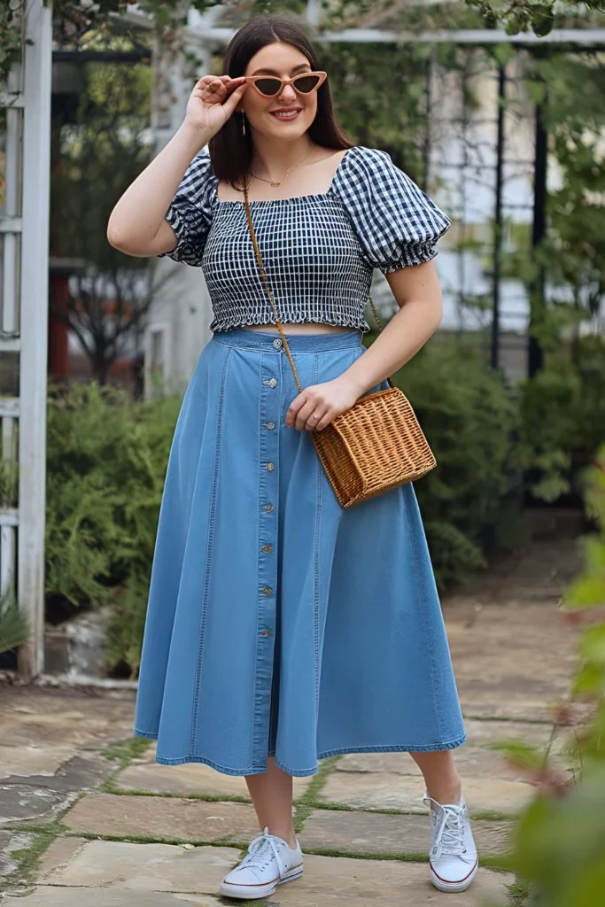 Gingham Smocked Top and Denim Skirt