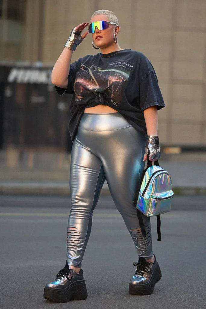 Plus Size Futuristic Metallic Streetwear Outfit