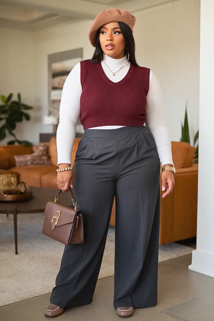 Plus Size Fall Vest Top Wide Pants Aesthetic Outfit