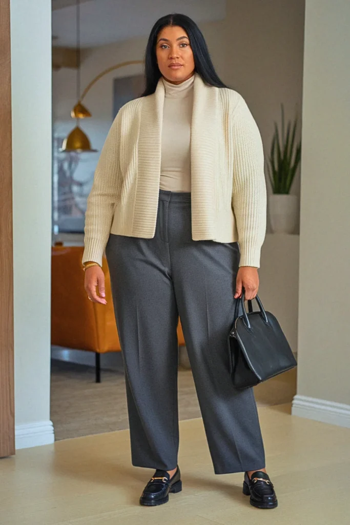 Plus Size Preppy Shawl Collar Cardigan and Trousers Fall Outfit