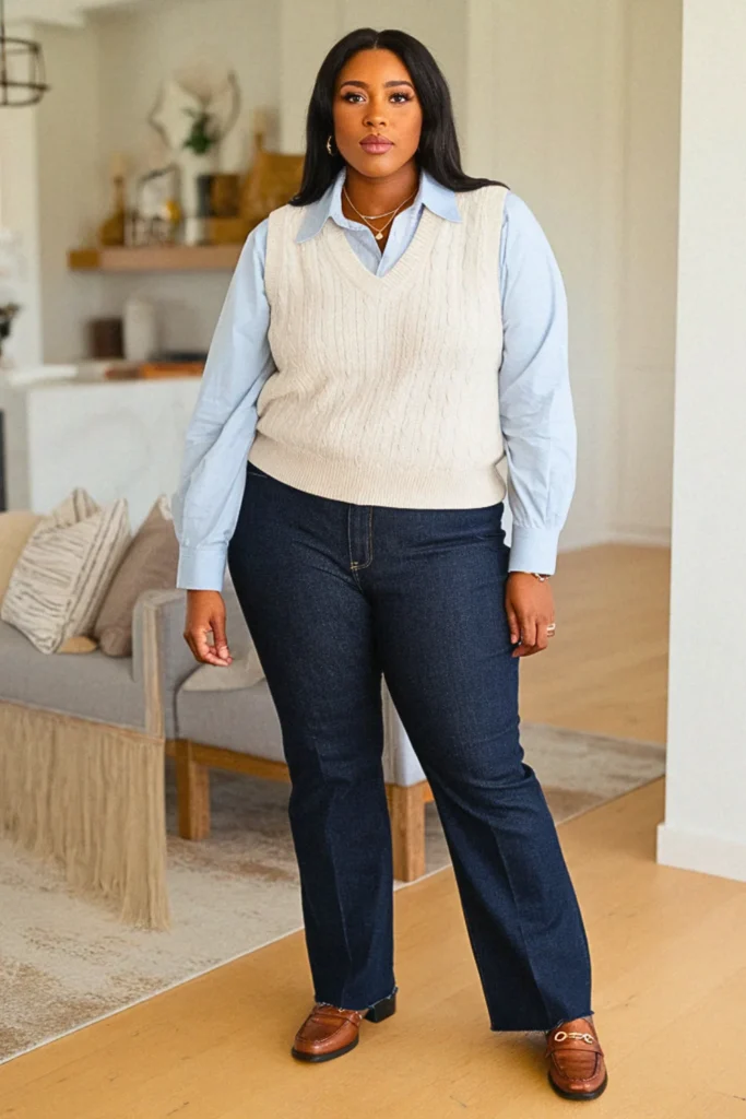 Plus Size Preppy Sweater Vest and Collared Shirt Fall Outfit