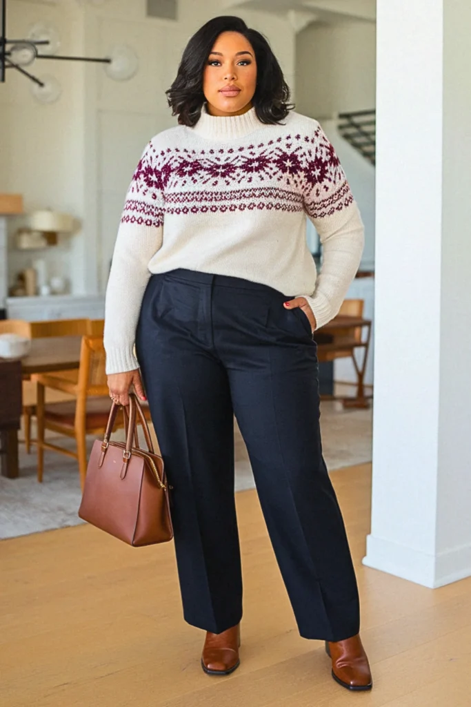 Plus Size Preppy Fair Isle Sweater and Straight Pants Fall Outfit