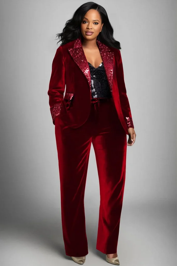 Plus Size Valentines Red Turndown Collar Sequin Velvet Two Piece Pant Suit