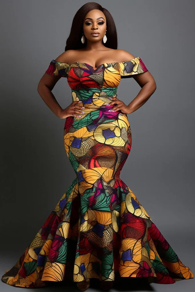 Plus Size Mother Of The Bride Multicolor African Ankara Off The Shoulder Mermaid Maxi Dress