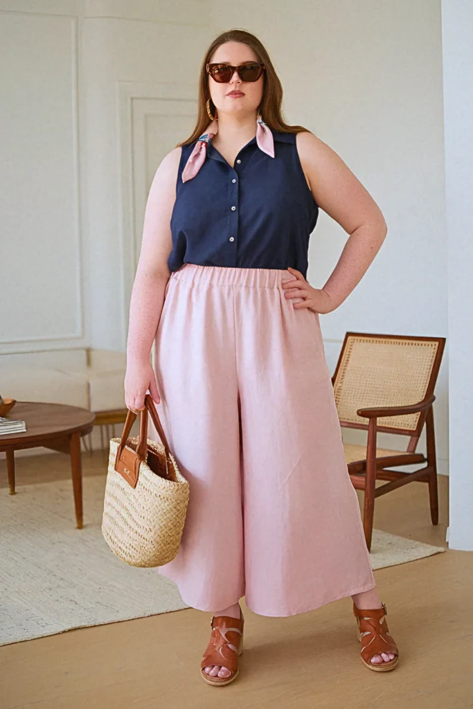 Plus Size Comfy Cropped Wide-Leg Linen Pants Summer Outfit