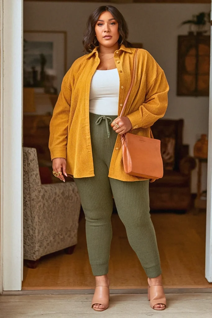 Plus Size Fall Corduroy Shirt With Knit Pants Comfy Outfit