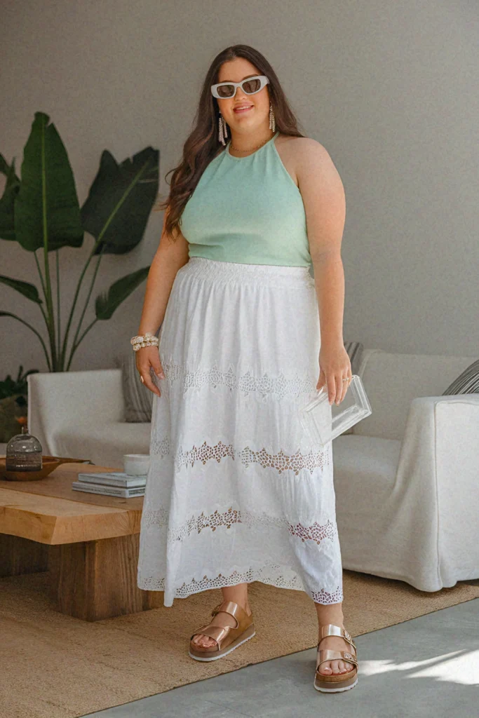 Plus Size Summer Crochet Overlay Long Skirt Outfit