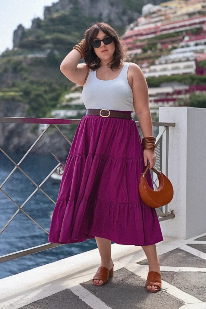 Plus Size Tiered Midi Skirt and Tank Summer Outfit