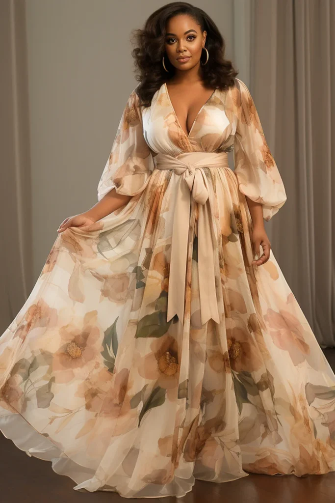 Plus Size Formal Champagne Floral V Neck Lantern Sleeve 3:4 Sleeve See Through Pocket Chiffon Maxi Dress