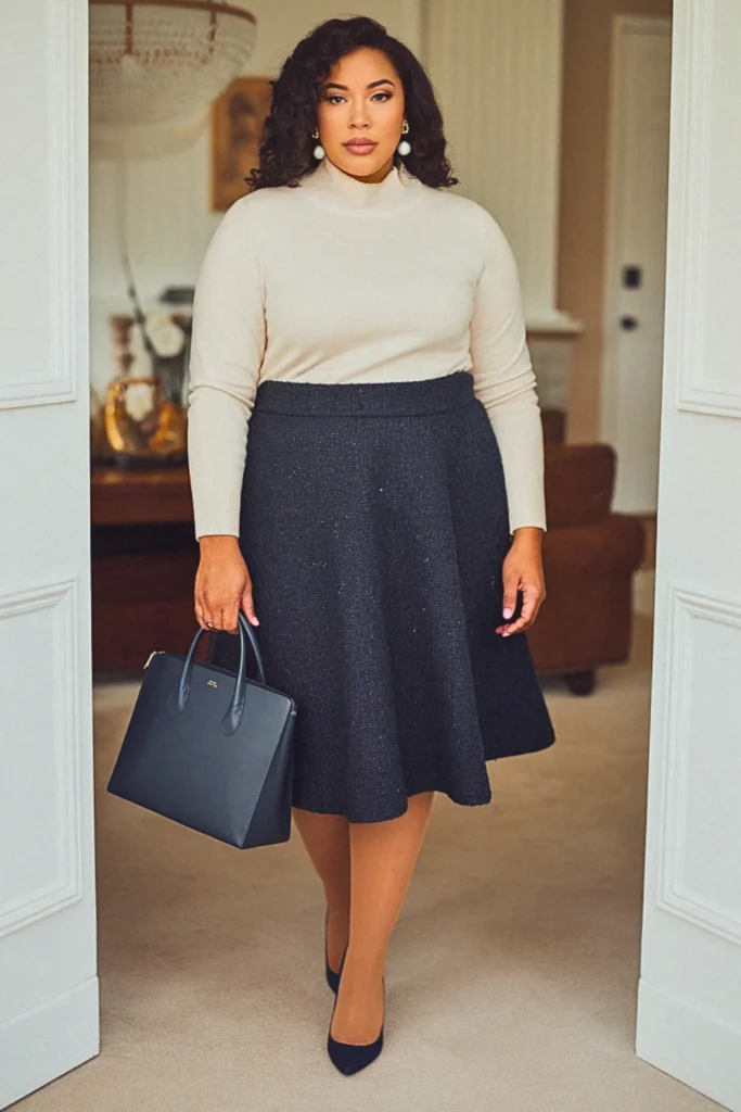 Plus Size Navy Tweed Skirt Fall Outfit