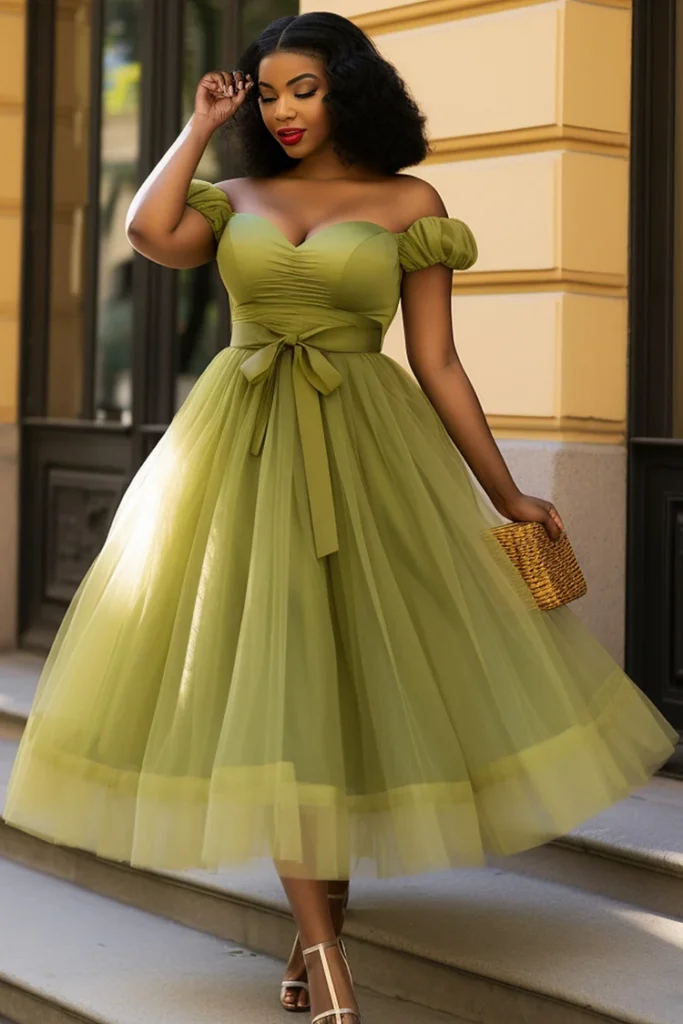 Plus Size Wedding Guest Green Milkmaid Off The Shoulder Cap Sleeve Wrap Tulle Midi Dress