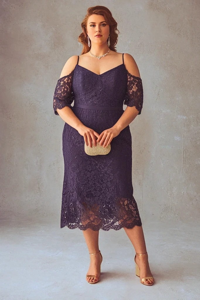 Plus Size Cold Shoulder Lace Overlay Wedding Guest Dress