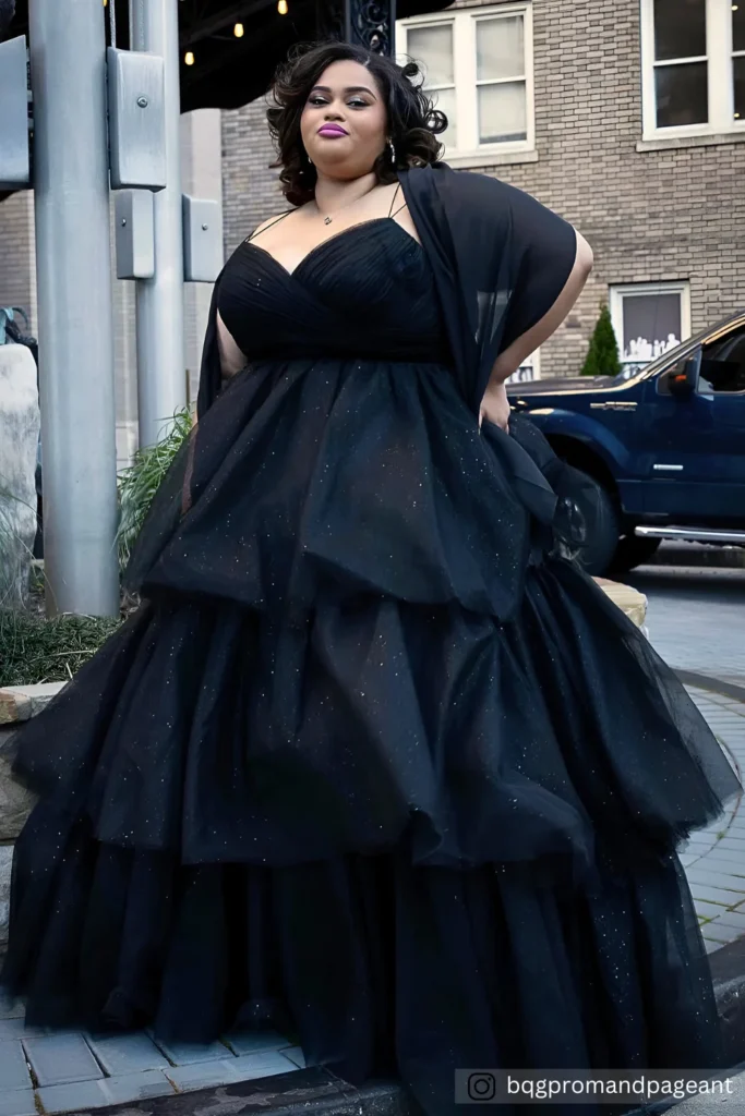 Plus Size Black Sparkle Tulle Ball Gown Prom Dress