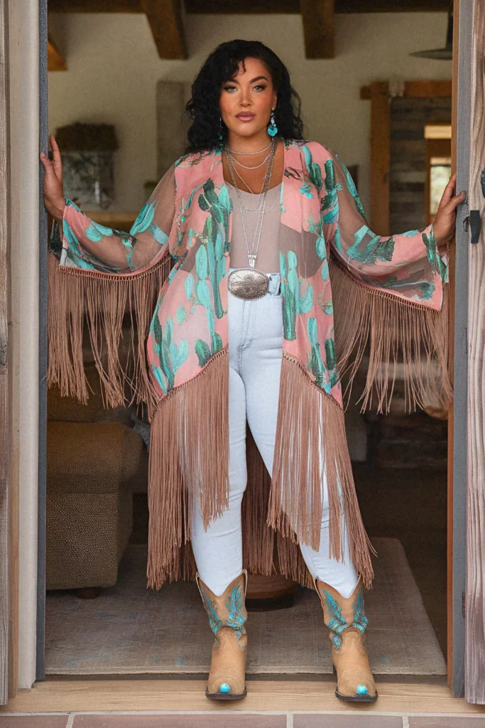 Plus Size Fringe Cactus Print Kimono with White Jeans Cowgirl Outfit