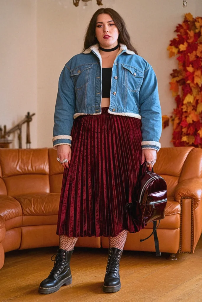 Plus Size Denim Jacket and Pleated Skirt Fall Outfit